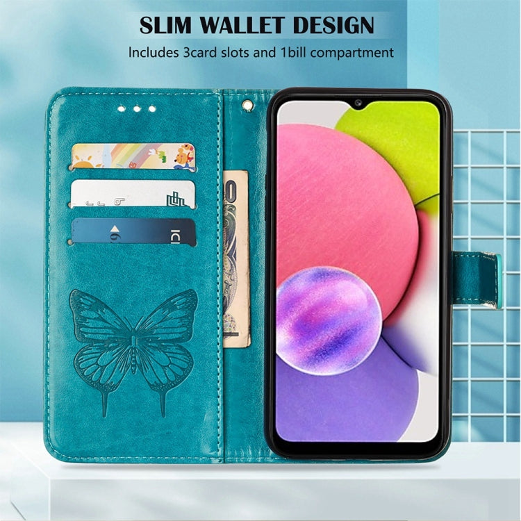Teal blue embossed butterfly wallet phone case with card slots and 1 bill compartment