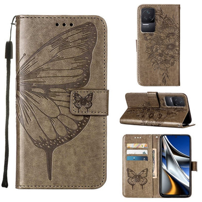 Taupe embossed butterfly leather phone wallet case with flip cover and card slots, wrist strap