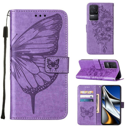 Embossed butterfly leather phone case with flip cover and card slots, light purple.