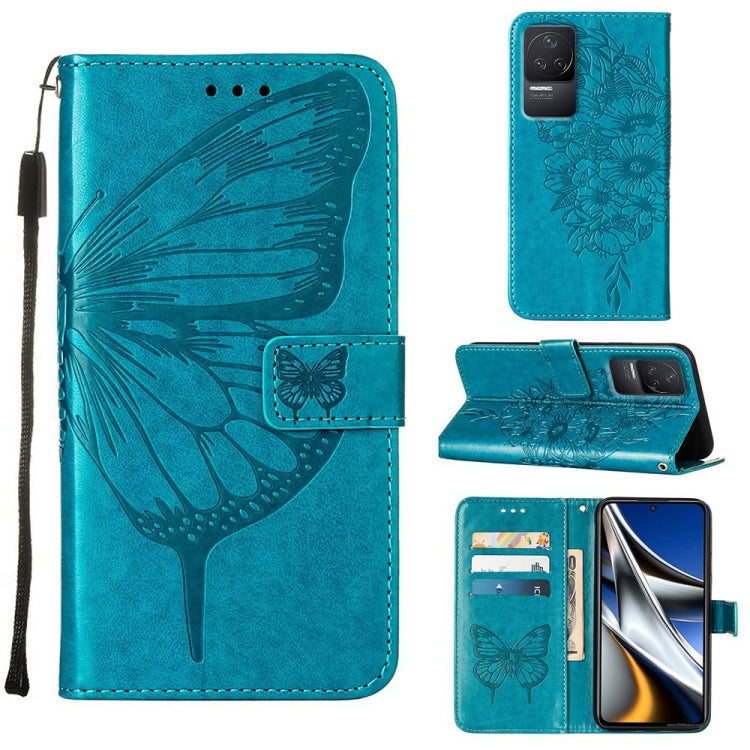 Embossed butterfly leather-style wallet phone case with stand and card holder, teal blue