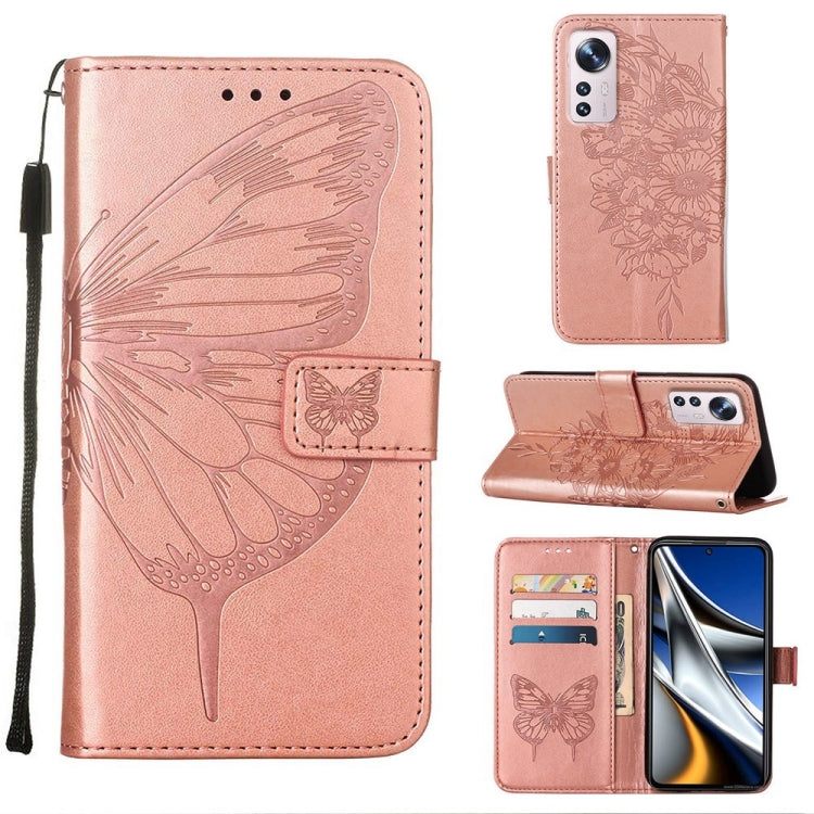 Rose pink embossed butterfly leather phone case with flip cover and card slots.