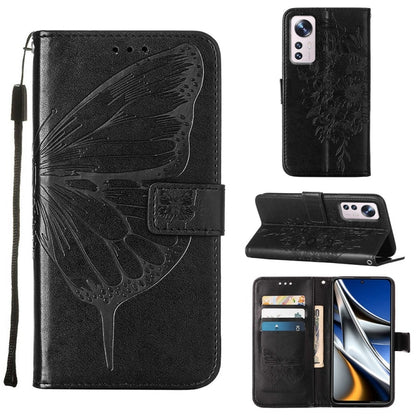 Embossed butterfly leather phone case with flip cover and card slots, black.