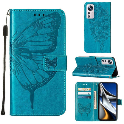 Embossed butterfly leather-style wallet phone case with stand, teal blue