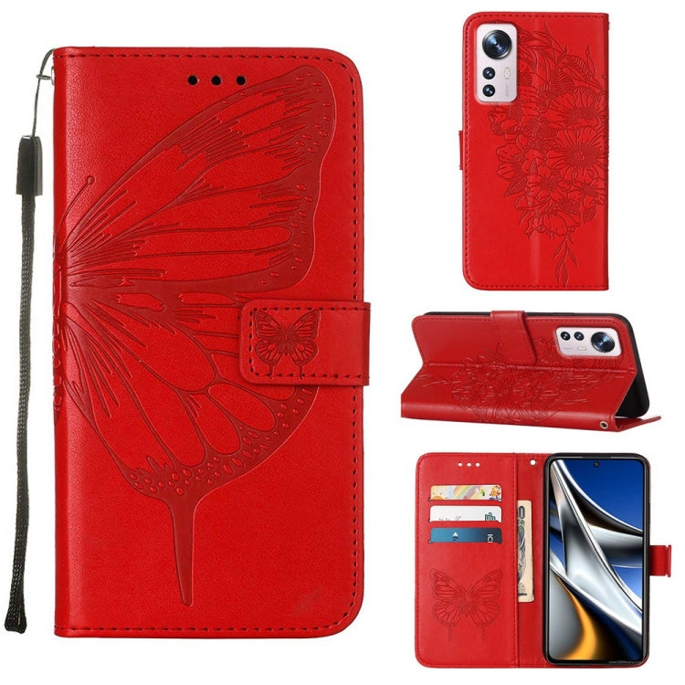 Red embossed butterfly leather phone wallet case with stand flip cover, card slots, wrist strap