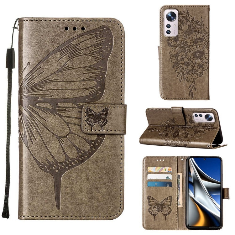 Taupe embossed butterfly leather phone wallet case with flip cover and card slots, wrist strap