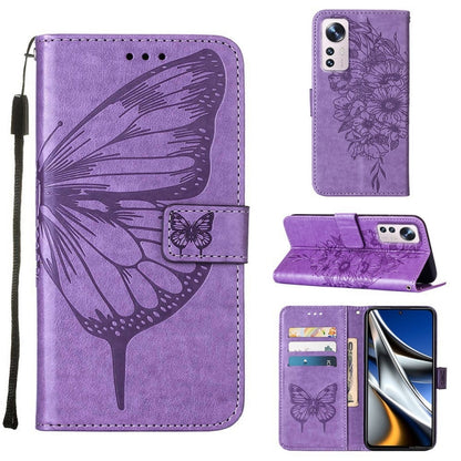 Purple embossed butterfly leather phone wallet case with flip cover, card slots, wrist strap
