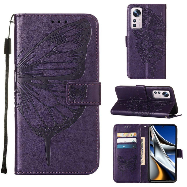 Embossed butterfly leather phone case with flip cover and card slots, purple.