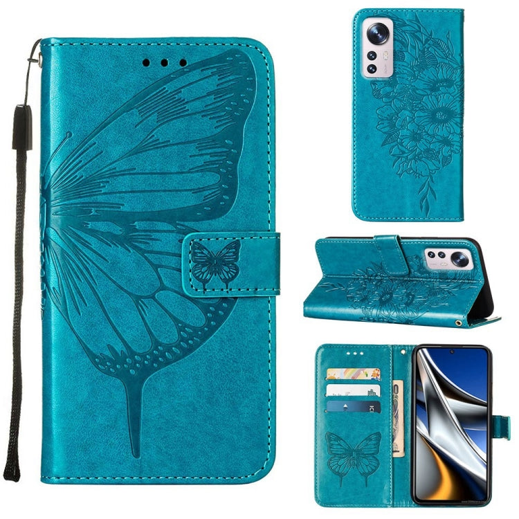 Teal blue embossed butterfly leather-style wallet phone case with folio stand