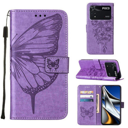 Lavender purple embossed butterfly leather phone wallet case with flip cover, card slots