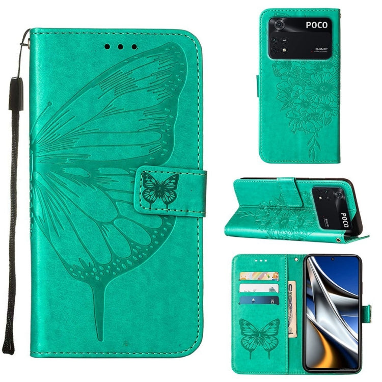 Teal embossed butterfly leather phone wallet case with magnetic stand, POCO back