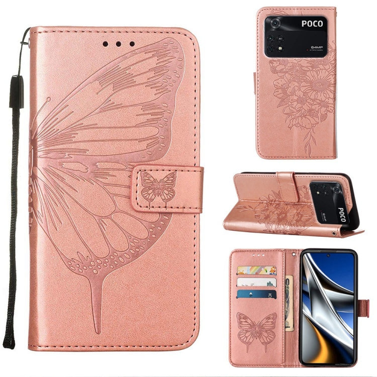 Embossed butterfly leather phone case with card slots, rose pink folio and wrist strap