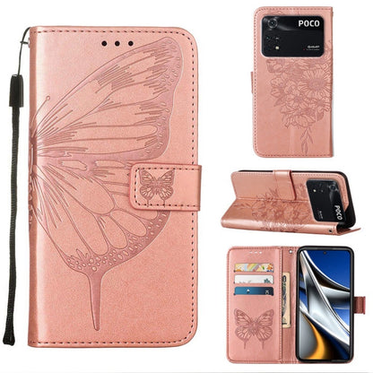 Embossed butterfly leather phone case with card slots, rose pink folio and wrist strap
