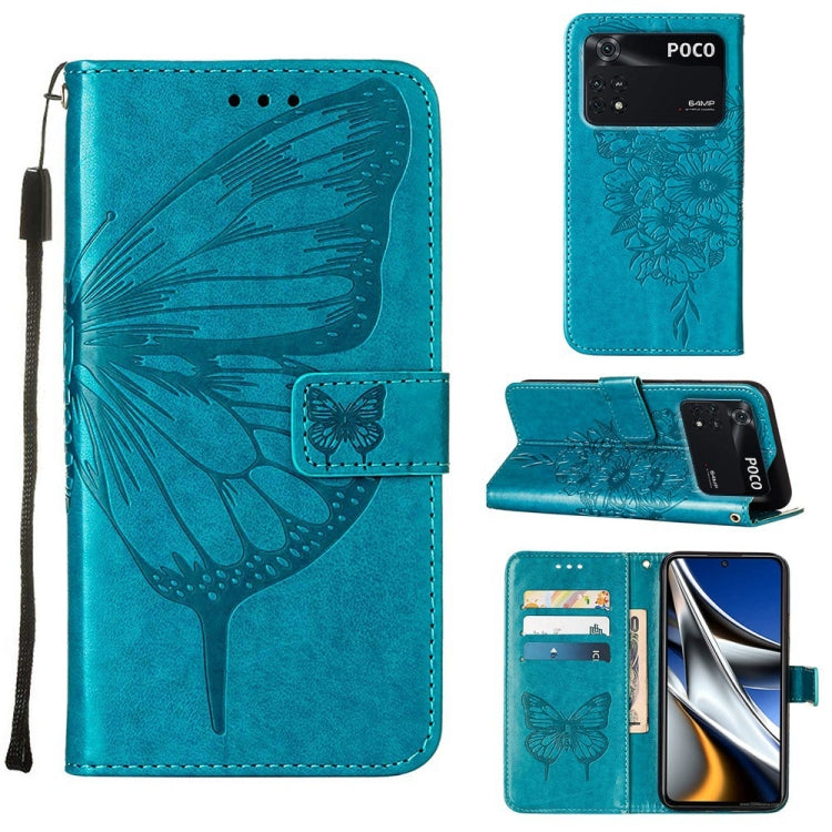 Teal blue embossed butterfly wallet phone case for POCO phone with folio stand