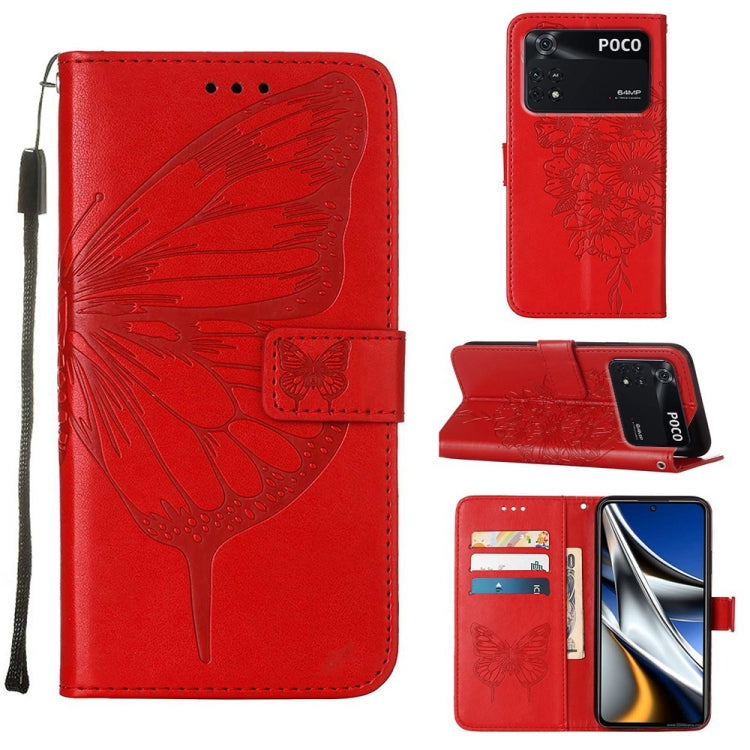 Red embossed butterfly leather phone case with flip cover and card slots.