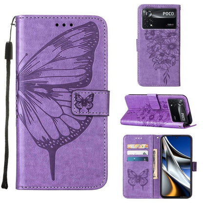 Purple embossed butterfly leather phone case with flip cover and card slots.
