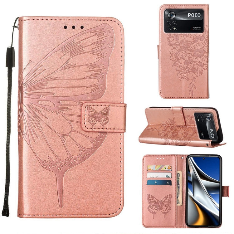 Embossed butterfly leather phone case with card slots, rose pink folio and stand