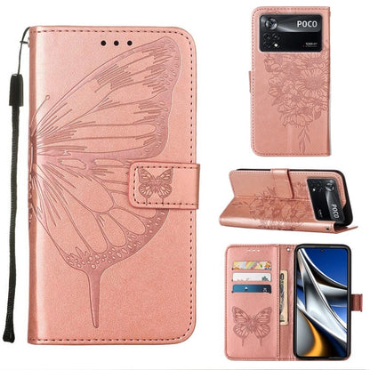 Embossed butterfly leather phone case with card slots, rose pink folio and stand
