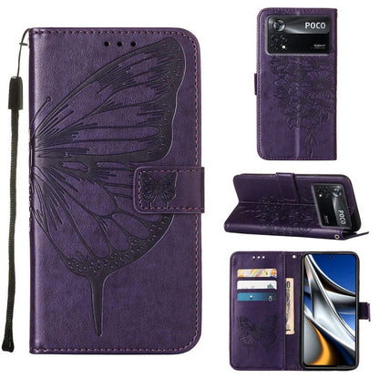 Embossed butterfly leather phone case with flip cover and card slots, purple.