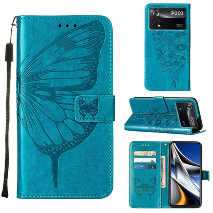 Teal blue embossed butterfly wallet phone case for POCO phone with card slots