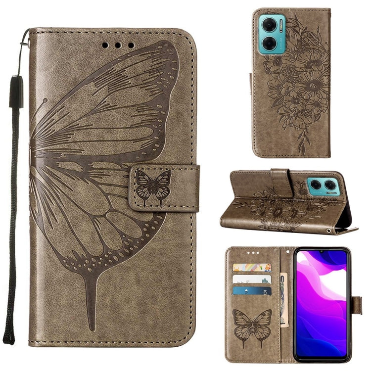Taupe embossed butterfly leather wallet phone case with card slots and flip stand