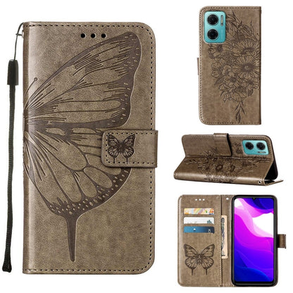 Taupe embossed butterfly leather wallet phone case with card slots and flip stand