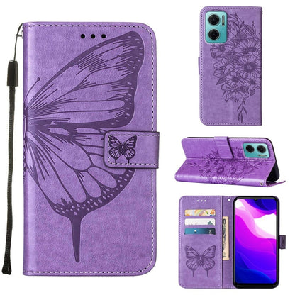 Light purple embossed butterfly leather wallet phone case with card slots and flip stand
