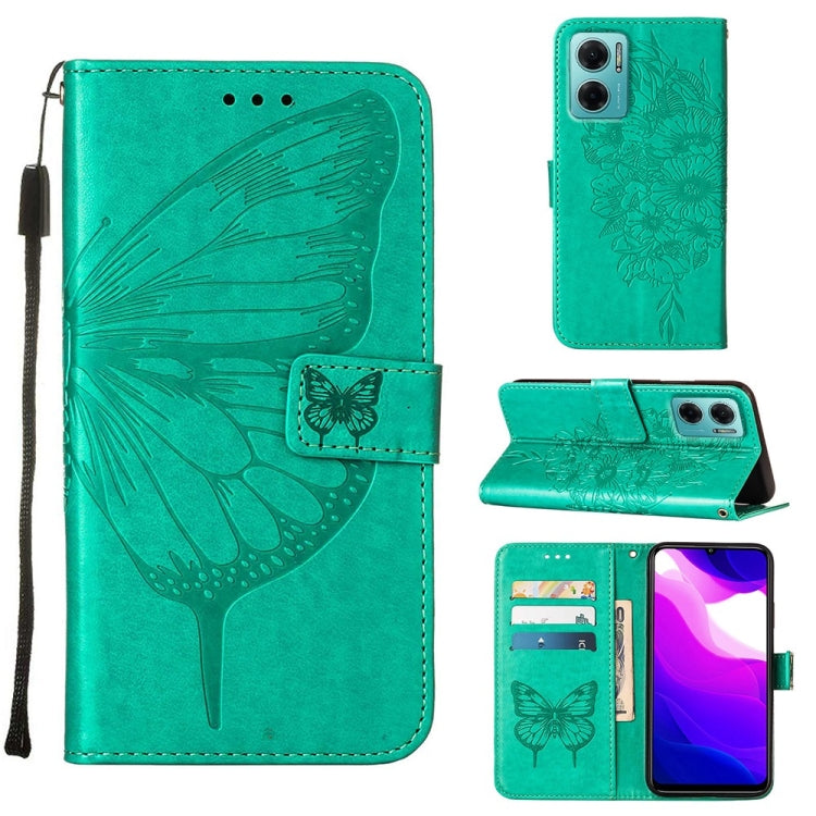 Green embossed butterfly leather wallet phone case with card slots and flip stand