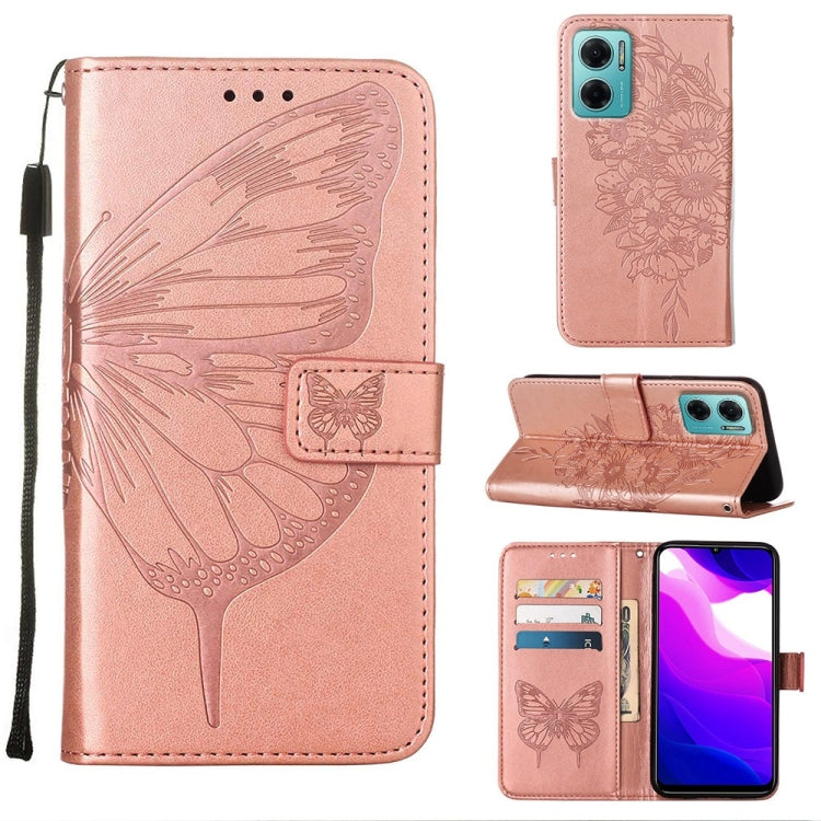 Rose pink embossed butterfly leather wallet phone case with card slots and flip stand