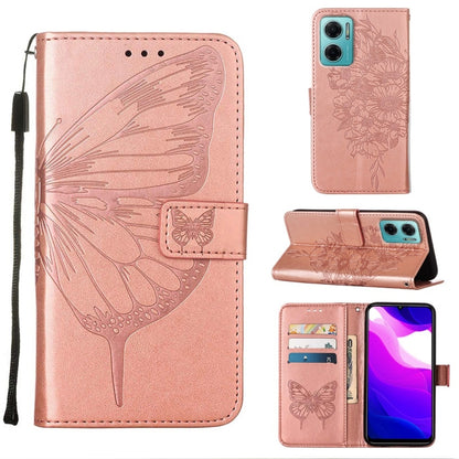 Rose pink embossed butterfly leather wallet phone case with card slots and flip stand
