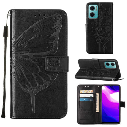 Embossed butterfly leather phone case with card slots, black folio and wrist strap