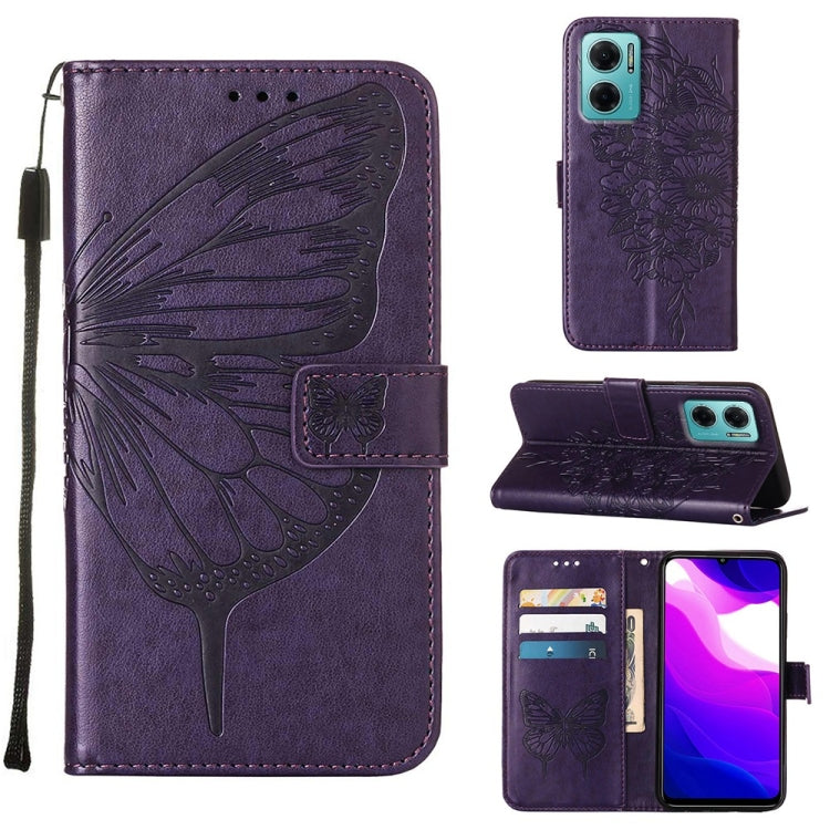 Embossed butterfly leather phone case with card slots, dark purple folio and wrist strap
