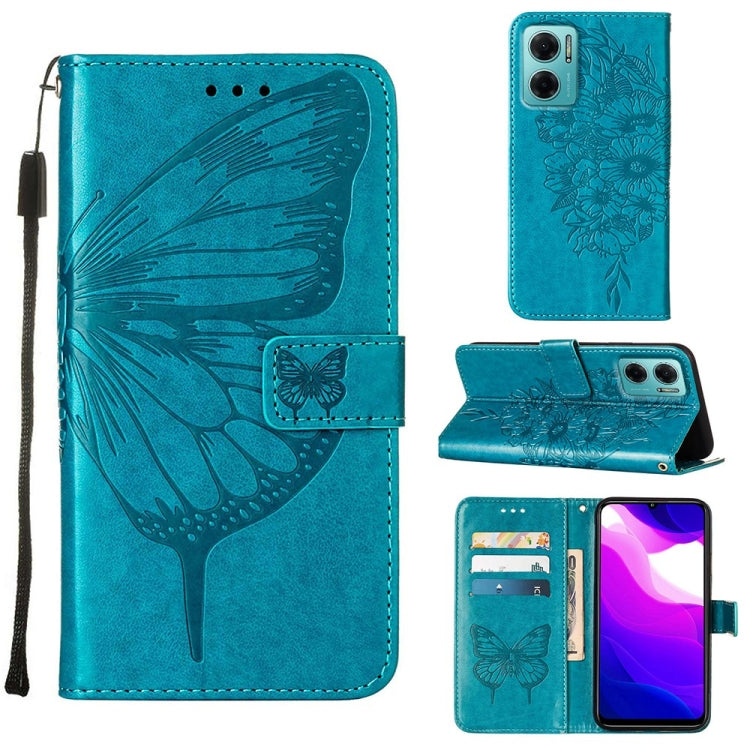 Teal embossed butterfly leather phone case with flip cover and card slots.
