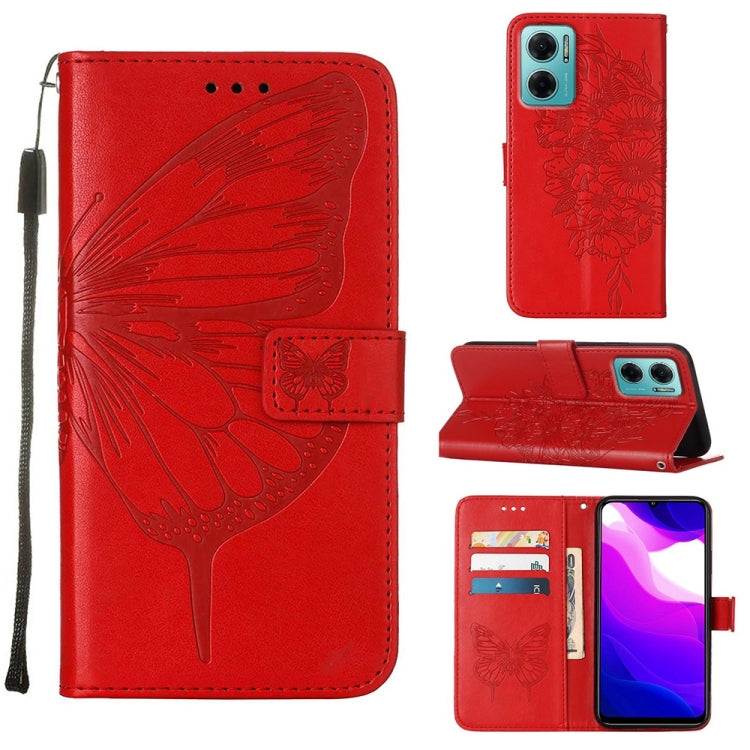 Embossed butterfly leather phone case with card slots, red folio with wrist strap