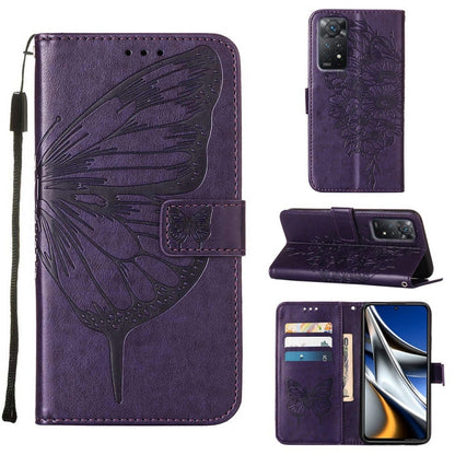 Embossed butterfly leather phone case with card slots, dark purple folio and stand