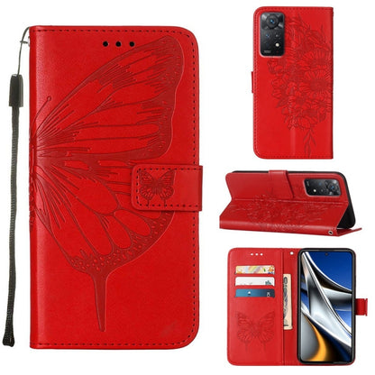 Embossed butterfly leather phone case with card slots, red folio with stand