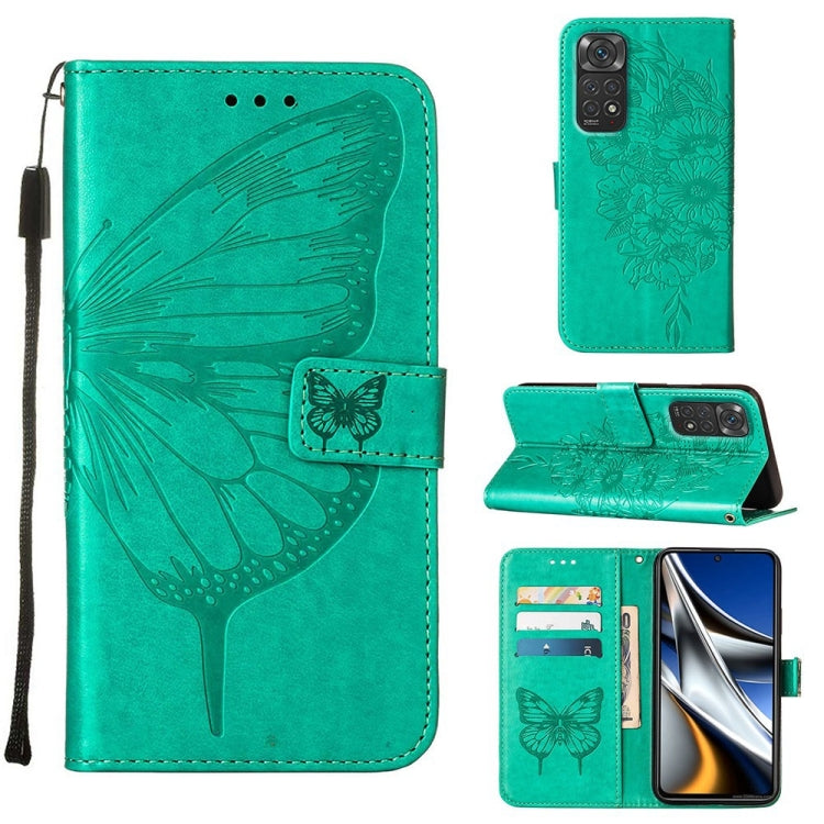 Green embossed butterfly leather wallet phone case with card slots and viewing stand