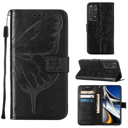 Black embossed butterfly leather wallet phone case with card slots and folio stand