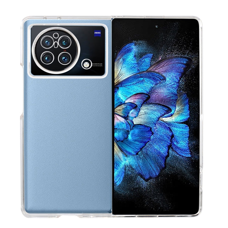 Transparent folding phone case with light blue back, camera cutout and side buttons
