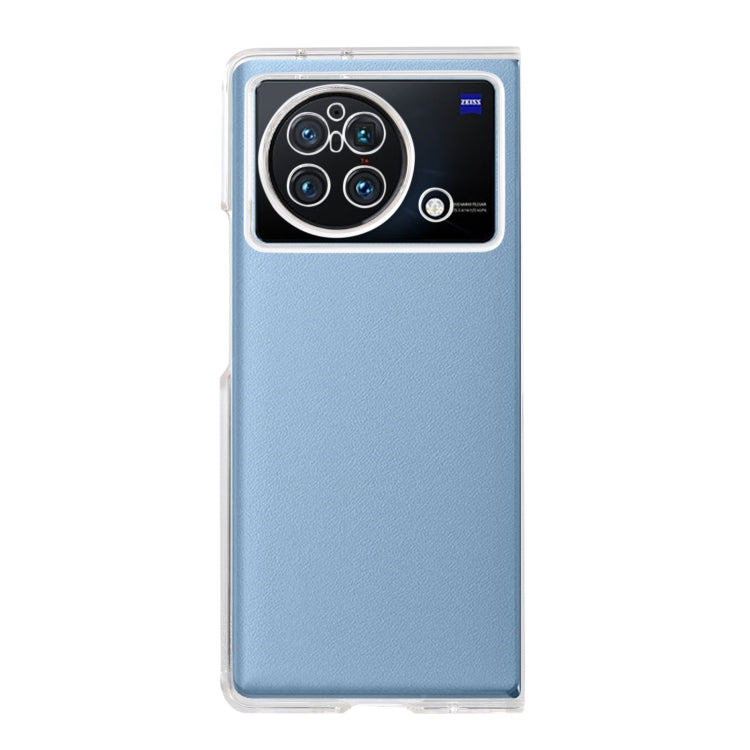 Transparent folding phone case back in light blue with camera opening