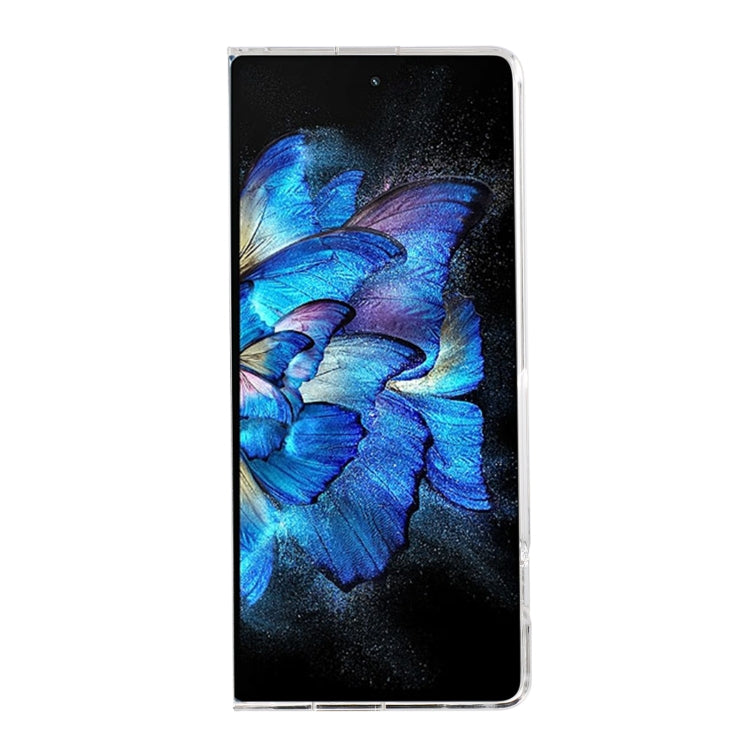 Transparent folding phone case with clear front and blue flower phone display