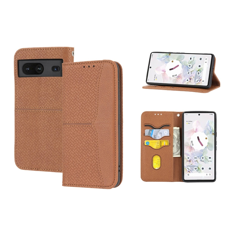 Brown woven PU leather phone case with magnetic flap and stitched texture