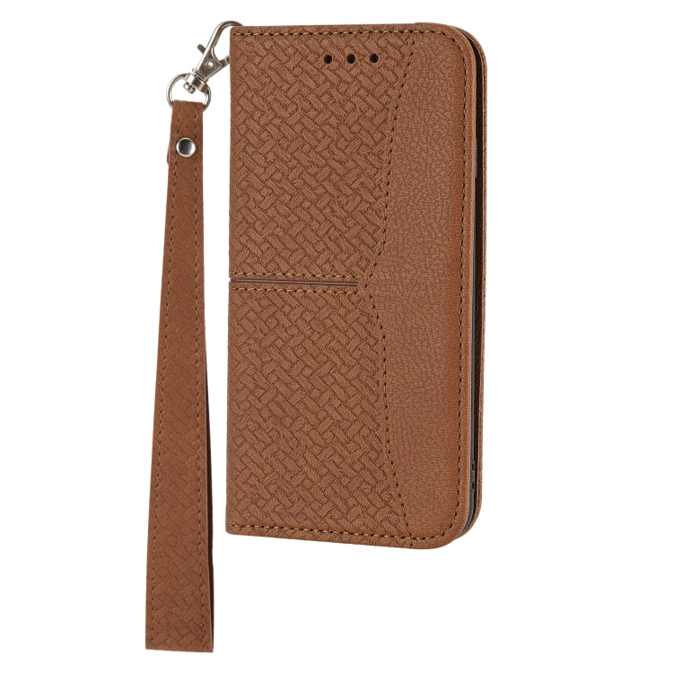 Brown magnetic folio phone case with wrist strap and textured woven finish