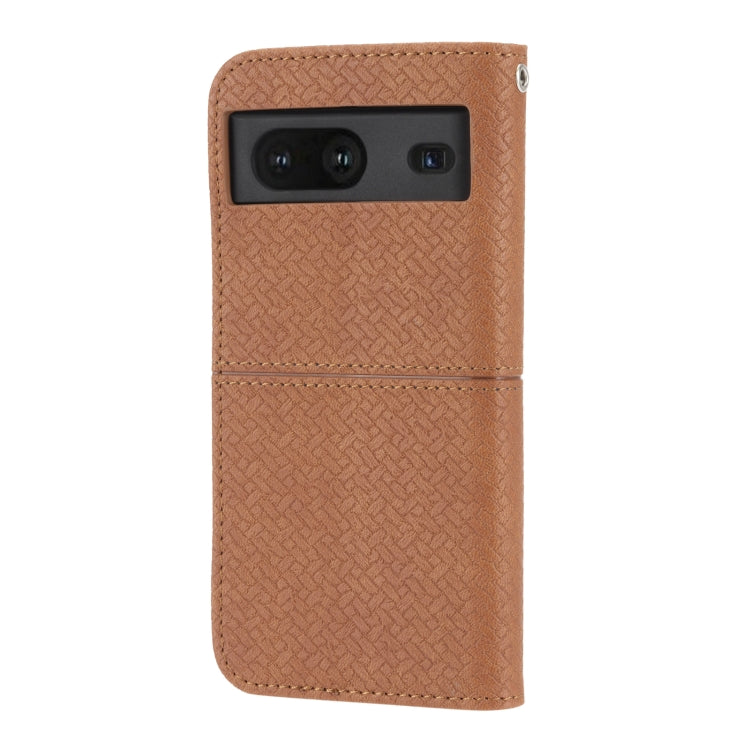Brown woven PU leather phone case with camera cutout and stitched front flap