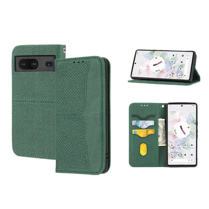 Green woven PU leather phone case with magnetic flap and stitched wallet panels