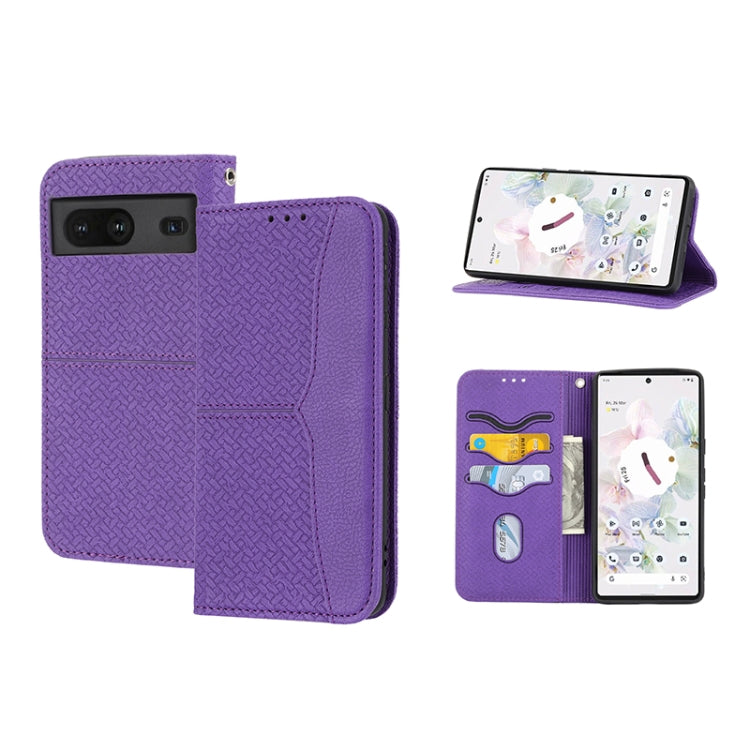 Purple magnetic PU leather phone case with woven texture, folio cover and card slots