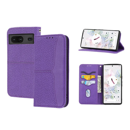 Purple magnetic PU leather phone case with woven texture, folio cover and card slots