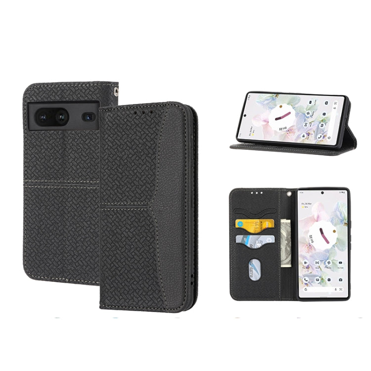 Black magnetic PU leather phone case with woven texture, folio cover and card slots