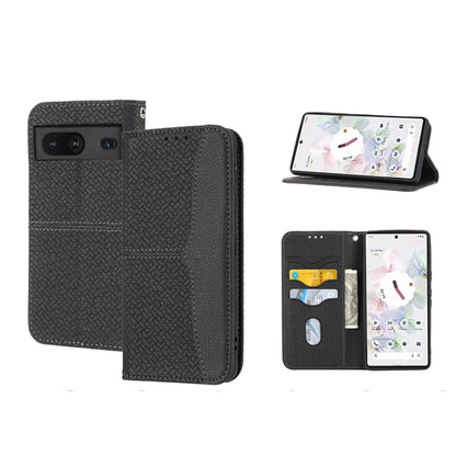 Black magnetic PU leather phone case with woven texture, folio cover and card slots