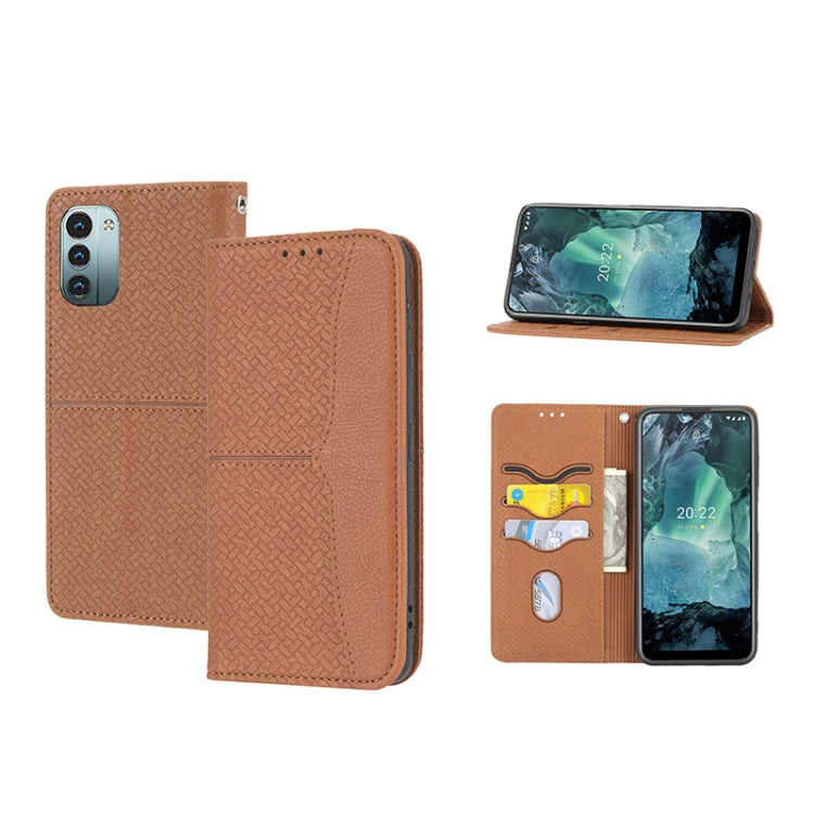 Brown magnetic PU leather phone case with woven texture, folio cover and card slots