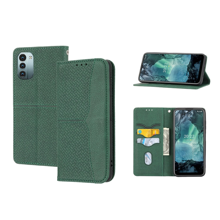 Green magnetic PU leather phone case with woven texture, folio cover and card slots
